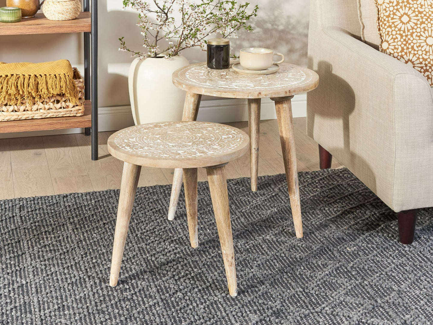 Set of 2 Side Tables UDAY Mango Wood White